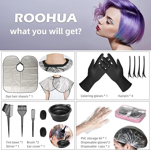 Miniatura 3 de ROOHUA 16 Pieces Hair Dye Coloring Kit- Hair Tinting Bowl, Hair agitator, Dye Brush, Ear Cover, Hairpin, Hair Coloring Cape For Hair Dye Tools