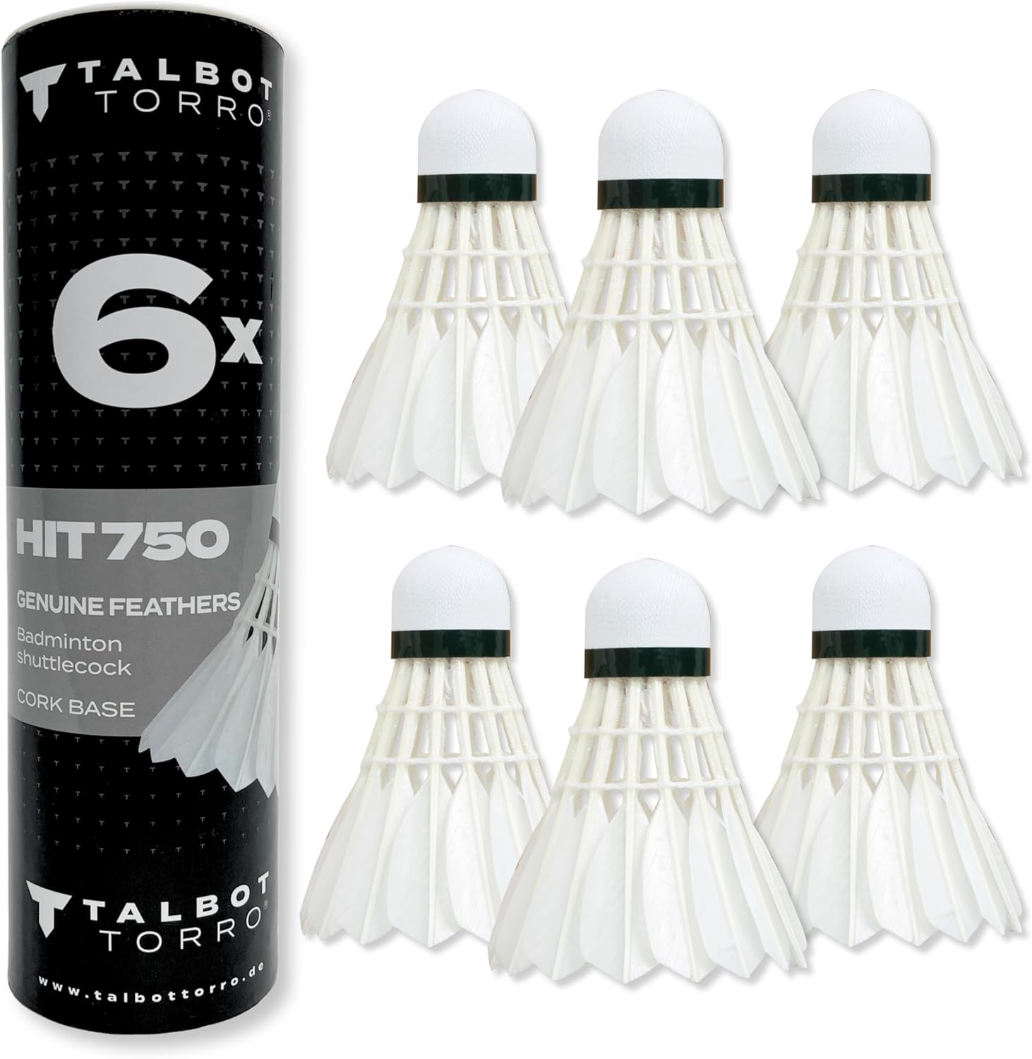 Talbot Torro HIT 750 Natural Shuttlecock - 6 Tin - Real White Feathers, Cork Head - Slow Speed 77 - Ideal for Leisure & Training