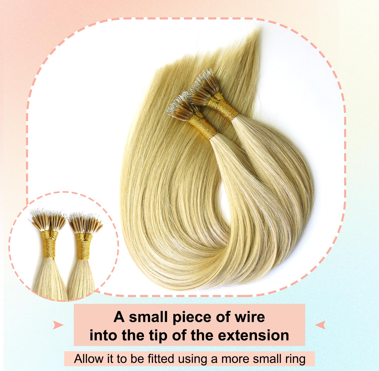 KOCONI 16 Inch Nano Ring Hair Extensions Real Human Hair Double Drawn Nano Beads Human Hair Extensions Nano Tip Hair Extensions Nano Rings Human Hair 50g 1g/Strand Ash Blonde With Light Blonde #P16/24 - Image 2