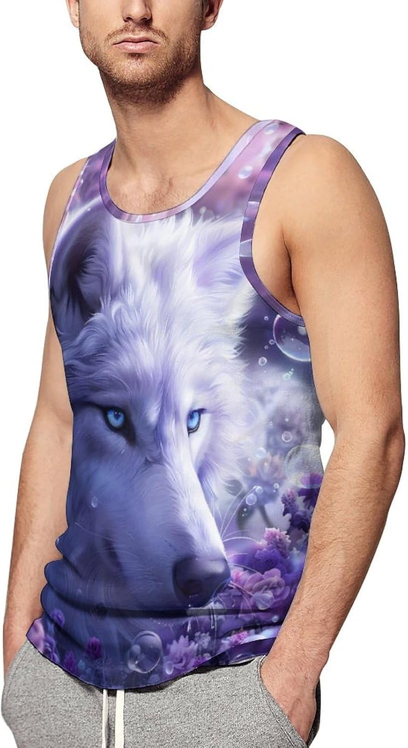 White Wolf with Glowing Eyes Men's Tank Top Sleeveless Muscle Shirts Vest Beach T Shirts for Workout Gym