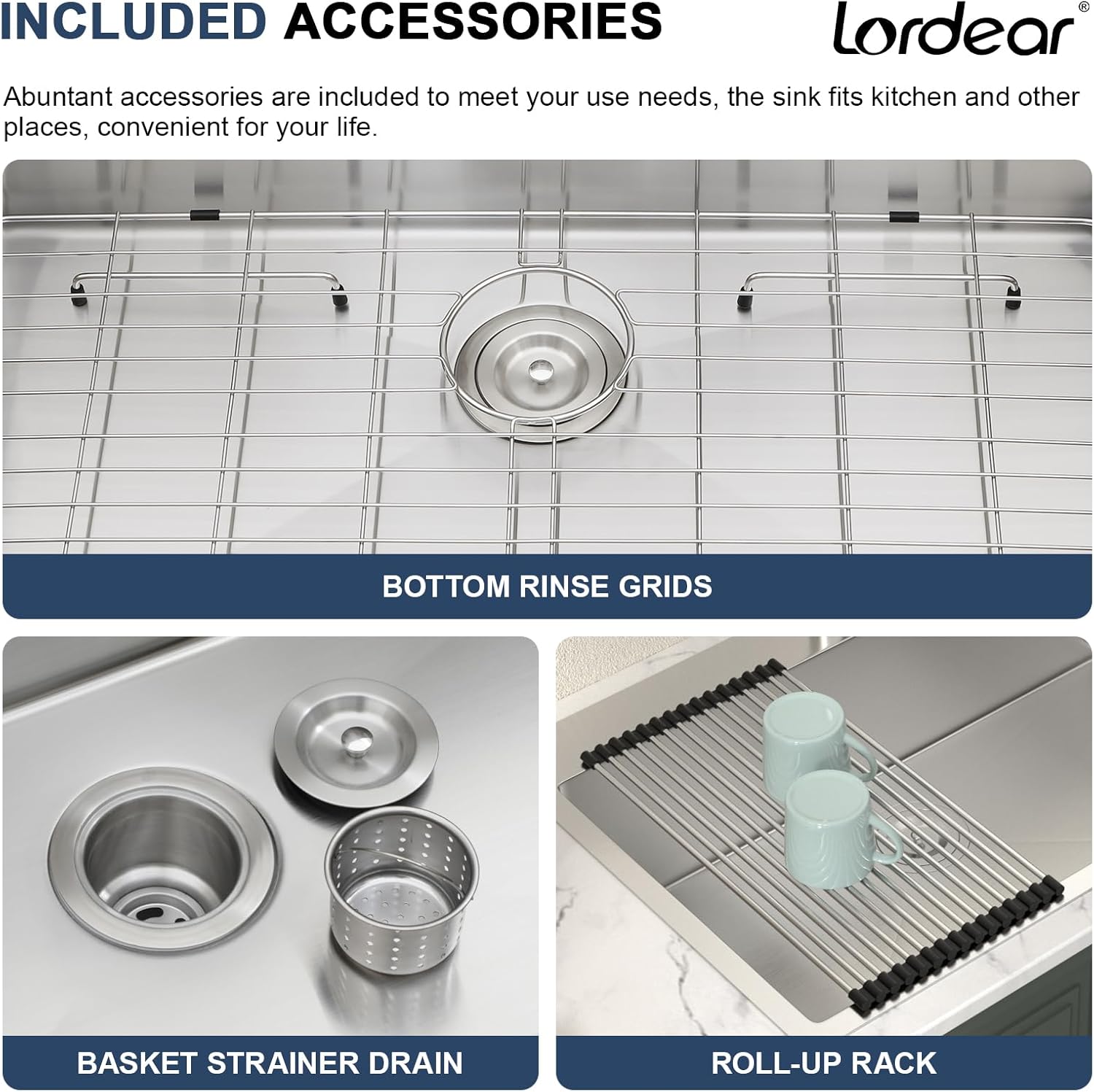 Lordear 33x19 Inch Drop In Kitchen Sink Stainless Steel Topmount Sinks T304 16 Gauge Single Bowl Above Counter 10 Inch Basin