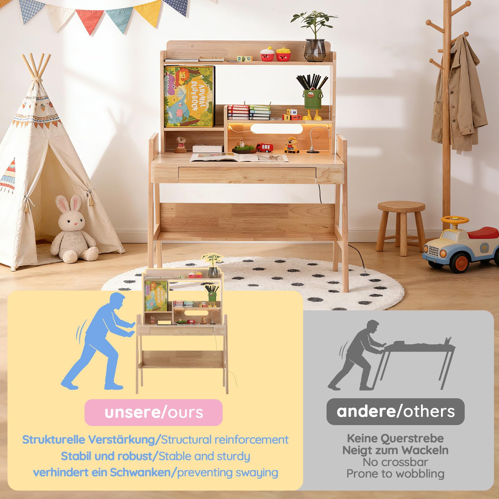 Mrwoo Kindertisch mit Stauraum, Schreibtisch Kinder mit 1 Schublade, Holzlatten Offene Regale mit LED-Lichtleiste & USB, Schülerschreibtisch für Kinder ab 6 Jahren (Natural - A)