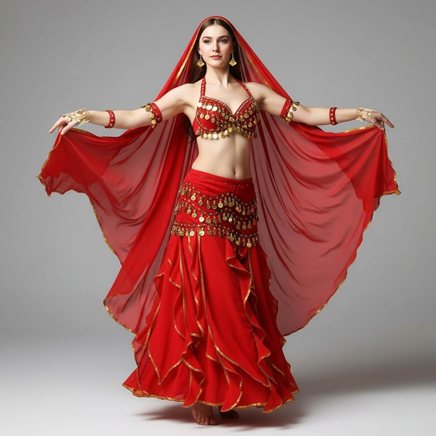 Haysandy 8 Pcs Belly Dance Outfit Sets Women,Belly Dance Skirt, Hip Scarf, 2 Bracelets, Earrings, Anklet Bracelet