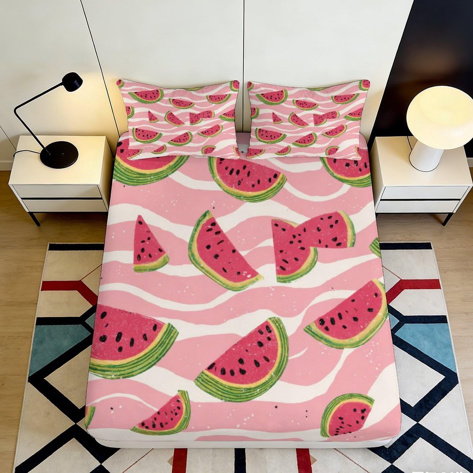 Pnayamiorkfel Style-9 3D Printed Watermelon Pink Fitted Sheet Microfiber Soft Anti-Slip Fruit Pattern Mattress Cover For Bedroom Dorm Home Decor 90X200x25cm