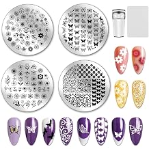 PH PandaHall 4pcs Miniature Flowers Nail Stamping Plates, Small Butterfly Leaf Nail Art Templates Nails Stencil Stainless Steel Image Plate with Tool for Spring DIY Print Manicures Salon Design Women