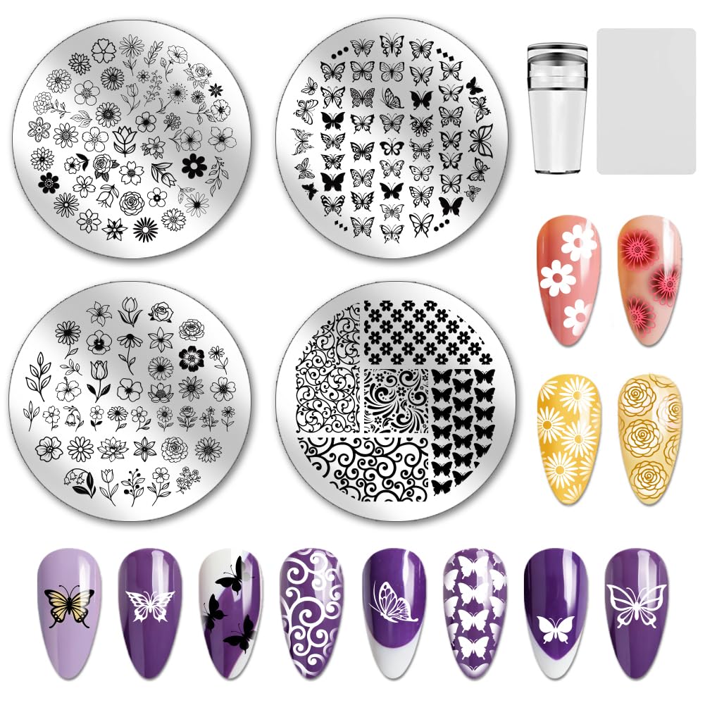 PH PandaHall 4pcs Plaques de Stamping pour Ongles Fleurs Miniatures Pochoirs pour Ongles Petites Feuilles Papillons Modèles de Nail Art Plaque Image Acier Inoxydable avec Outil pour Printemps Manucure