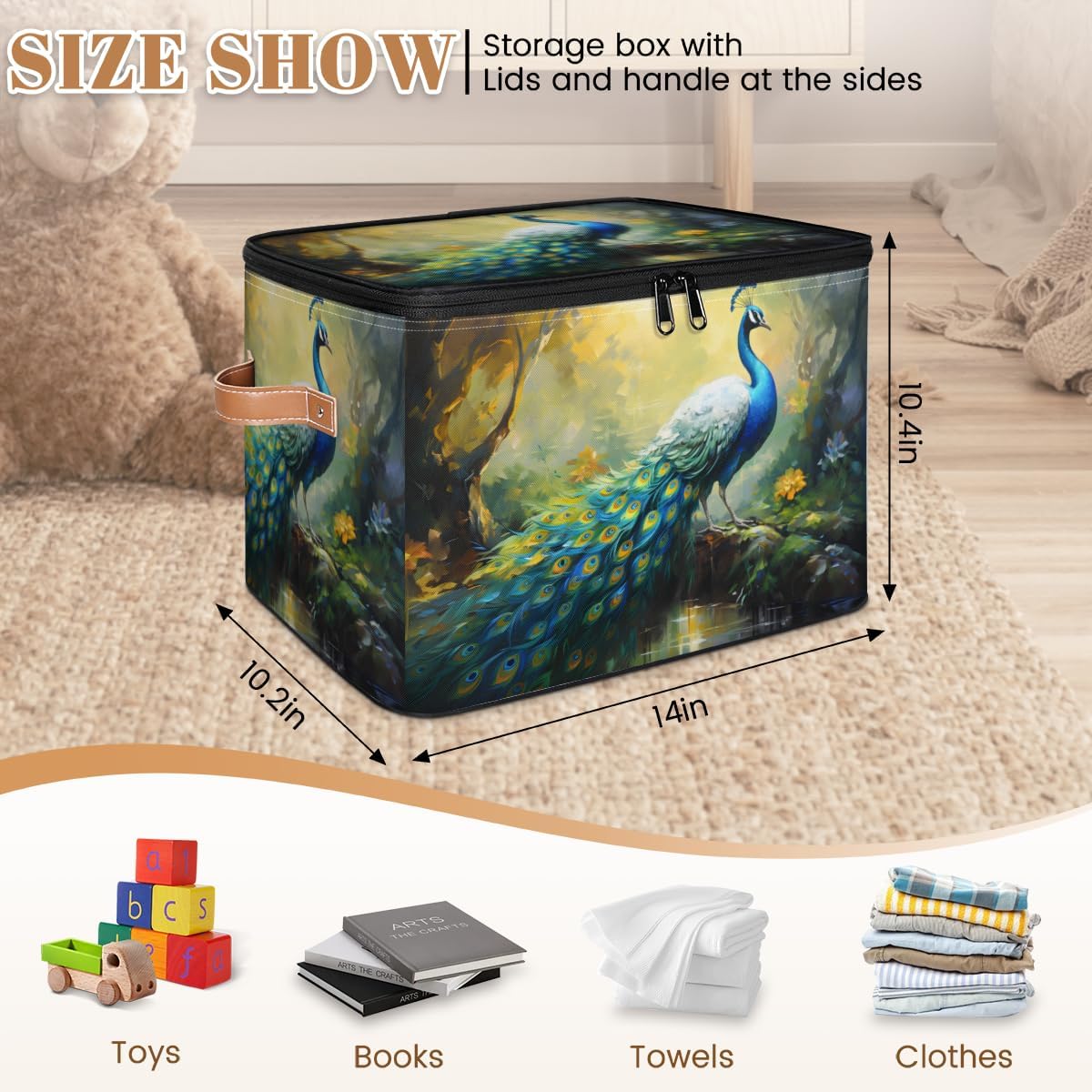Storage Bin Set of 2 Forest Peacock Storage Basket with Zipper Lid & Handle Foldable Closet Shelf 2 Pack Cloth Organizer Basket Cube Bins Clothes Organizer for Bedroom, Nursery