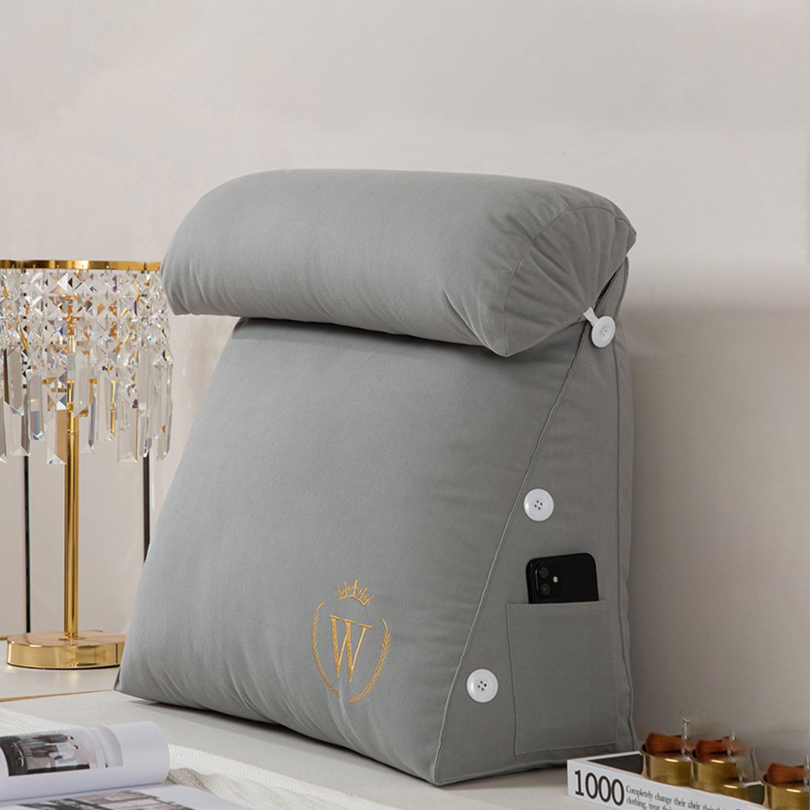 Reading cushions, And Detachable Neck Roll With Shredded Memory Foam,Great As Backrest For Books Or Gaming,Back Support Rests For Sitting Up In Bed Relaxing Ergonomic(Light Gray,45 x 45 x 22 cm)