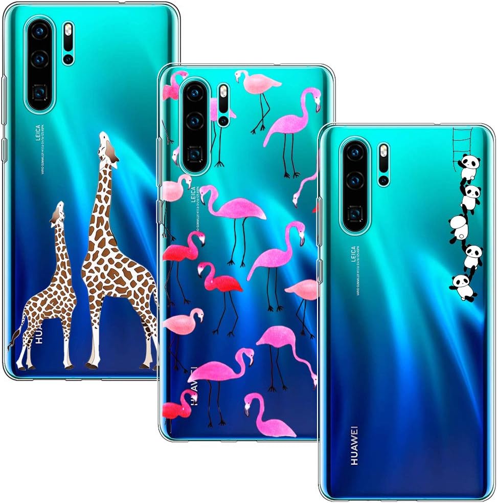 Yoowei 3-PACK for Huawei P30 Pro Case, Ultra Thin Crystal Clear Soft TPU Silicone Case with Stylish Cute Pattern Protective Cover for Huawei P30 Pro - Giraffes, Flamingo & Panda