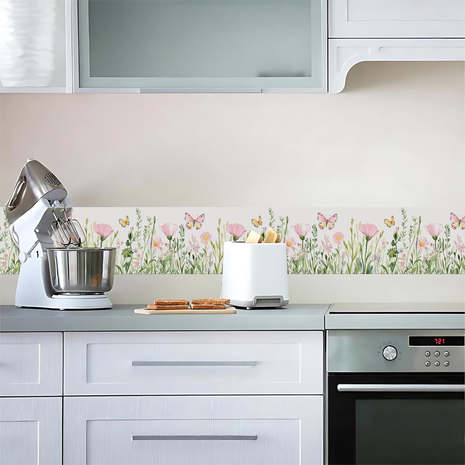 393"x4" Watercolor Elegant Pink Green Flower Butterfly Wallpaper Border Peel and Stick Wall Border Self Adhesive Removable Vinyl Trim for Living Room Bedroom Bathroom Kitchen Cabinet Decoration
