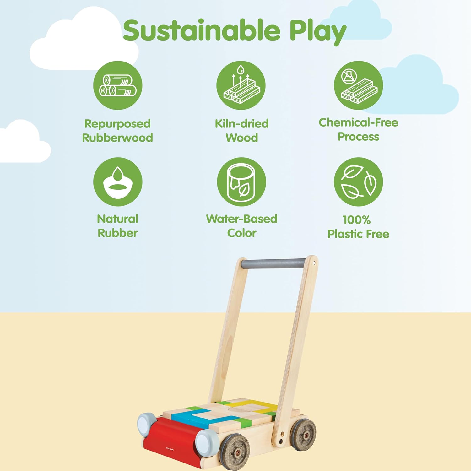 PlanToys® Baby Walker Wooden Push Toy for First Steps & Balance | Montessori Developmental Toy for Coordination & Confidence | Eco-Friendly Learning Toy