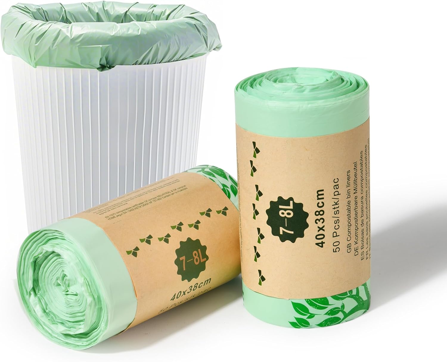 2.1Gal Biodegradable Compost Bags Recycling Garbage Bags Compostable Bags for Kitchen/garden Extra Thick Trash Bags with US BPI ASTM D6400 and Europe EN13432 Certified, 100 Count, 8L