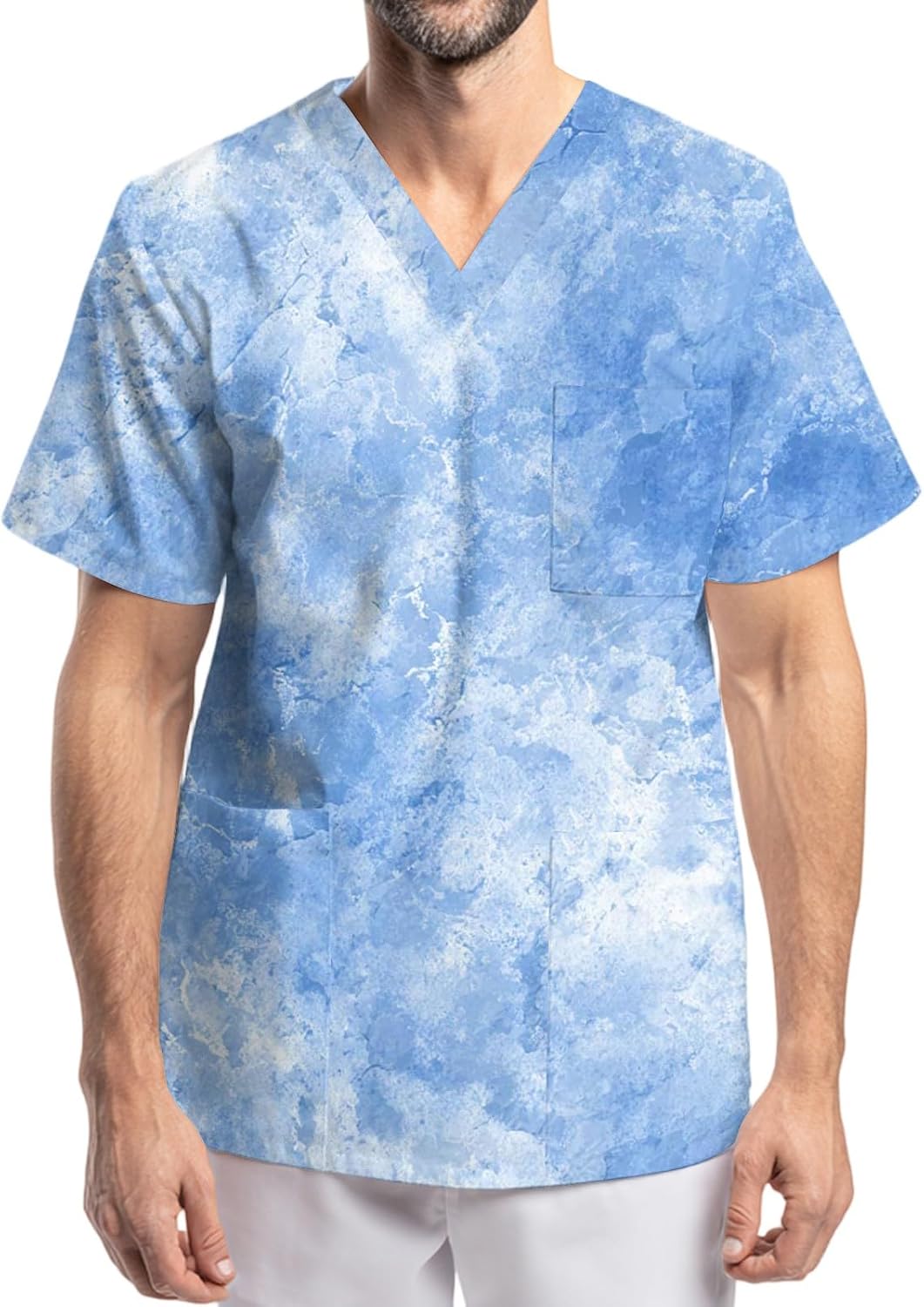 Men's Uniform Scrub Tops Tie Dye Print Short Sleeve Unisex Scrubs Shirts with Pockets