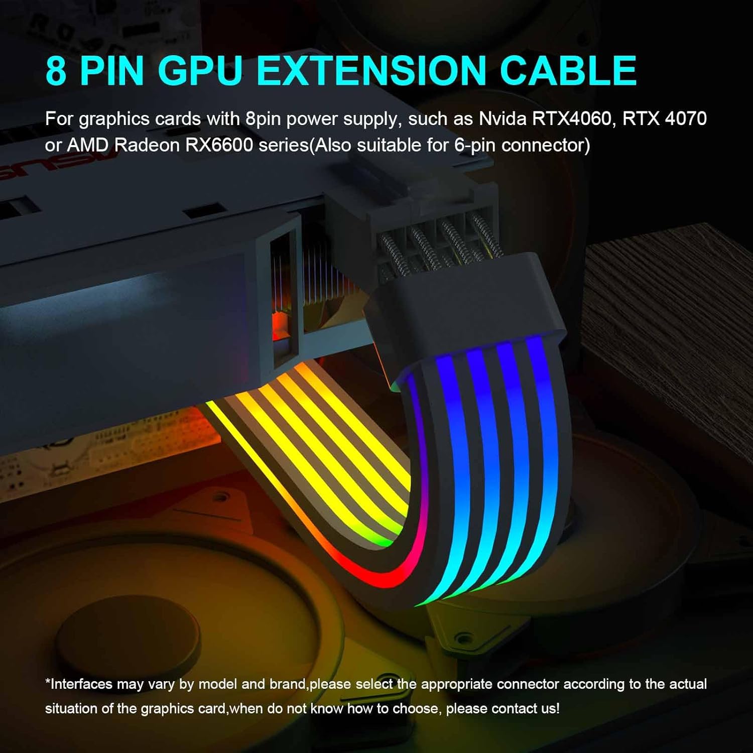 Sirlyr 8 Pin RGB GPU Cable,RGB PSU Cables Extension - Addressable 5V3Pin ARGB PC Case Decor for RTX 3060 4060 4070 Radeon RX 6600 580 Graphics Card Power Supply White