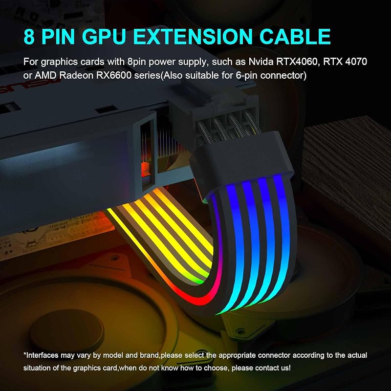 Sirlyr 8 Pin RGB GPU Kábel Hosszabbító - Fehér ARGB Tápkábel RTX 3060 4060 4070 és Radeon RX 6600 580 Videokártyákhoz