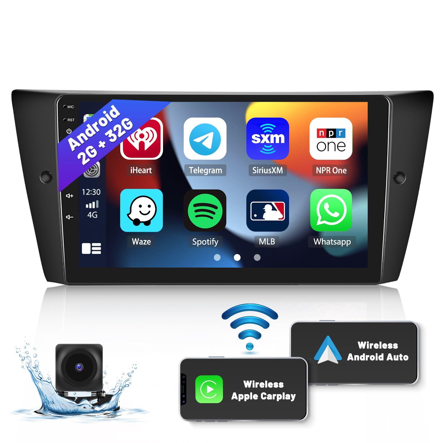 Car Stereo for BMW 3 Series E90 E91 E92 E93 2005-2011, Wireless CarPlay & Android Auto, 9 Inch Android Head Unit Touchscreen Car Radio with Navigation HiFi Bluetooth Backup Camera, 2G & 32G