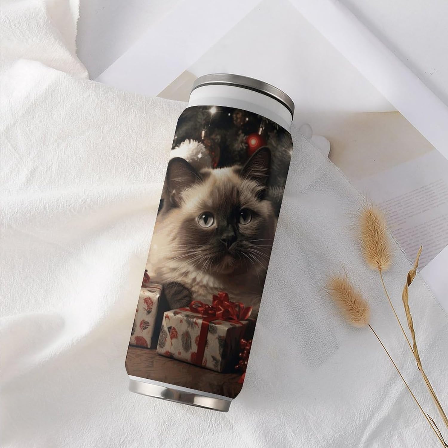 Stainless Steel Cups Christmas Siamese Cat Printed Coke Cup Stainless Steel Insulated Cups with Lid And Straw