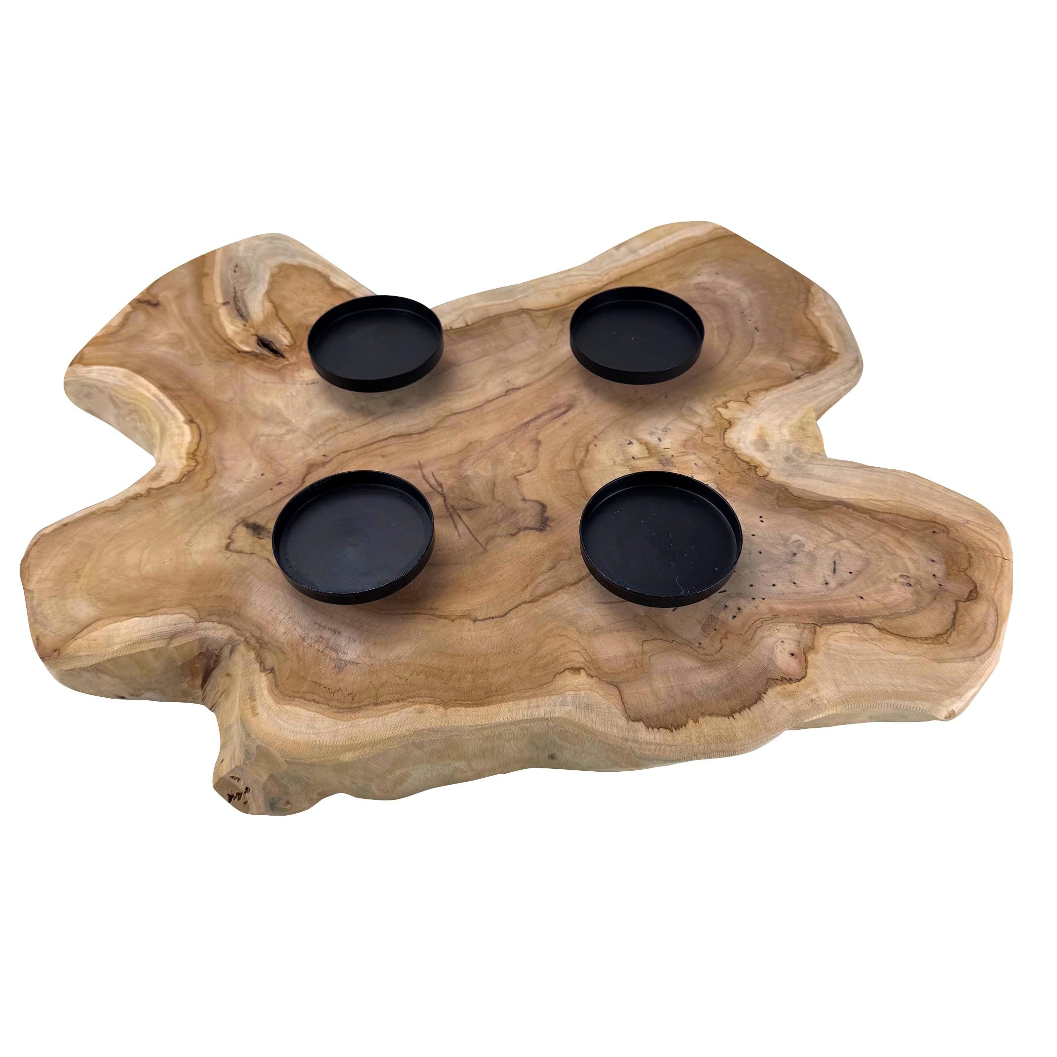 Adventskranz aus rustikalem Teakholz mit schwarzen Kerzenhaltern aus Metall für Stumpenkerzen - modern und natürlich für Ihre Weihnachtsdekoration