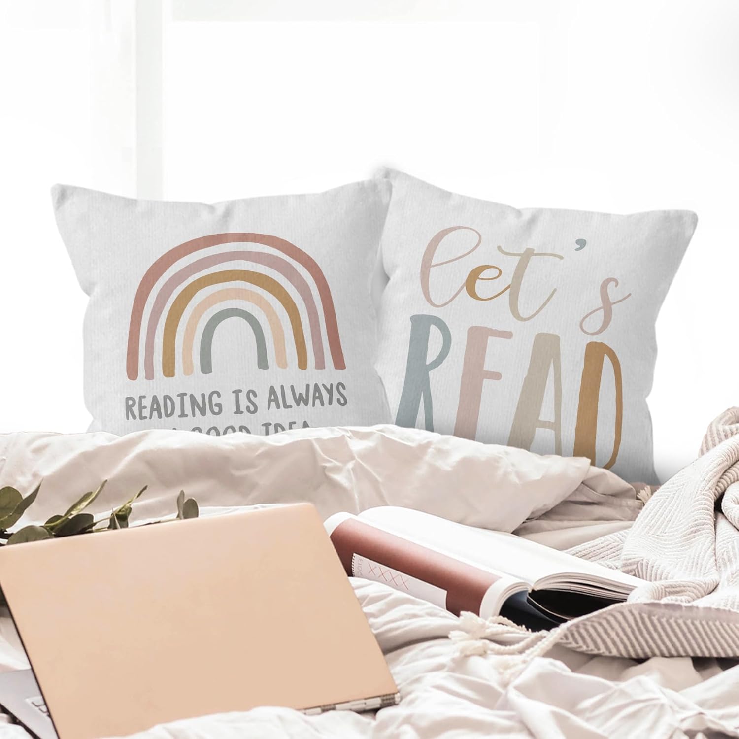 HIWX Let's Read Reading Decorative Pillowcase Classroom Throw Pillows Cover,Classroom Pillow Covers,Boho Rainbow Reading Corner Classroom Kids Room Nursery Pillow Cover Decor 18 x 18 Inch Set of 2 - Image 3