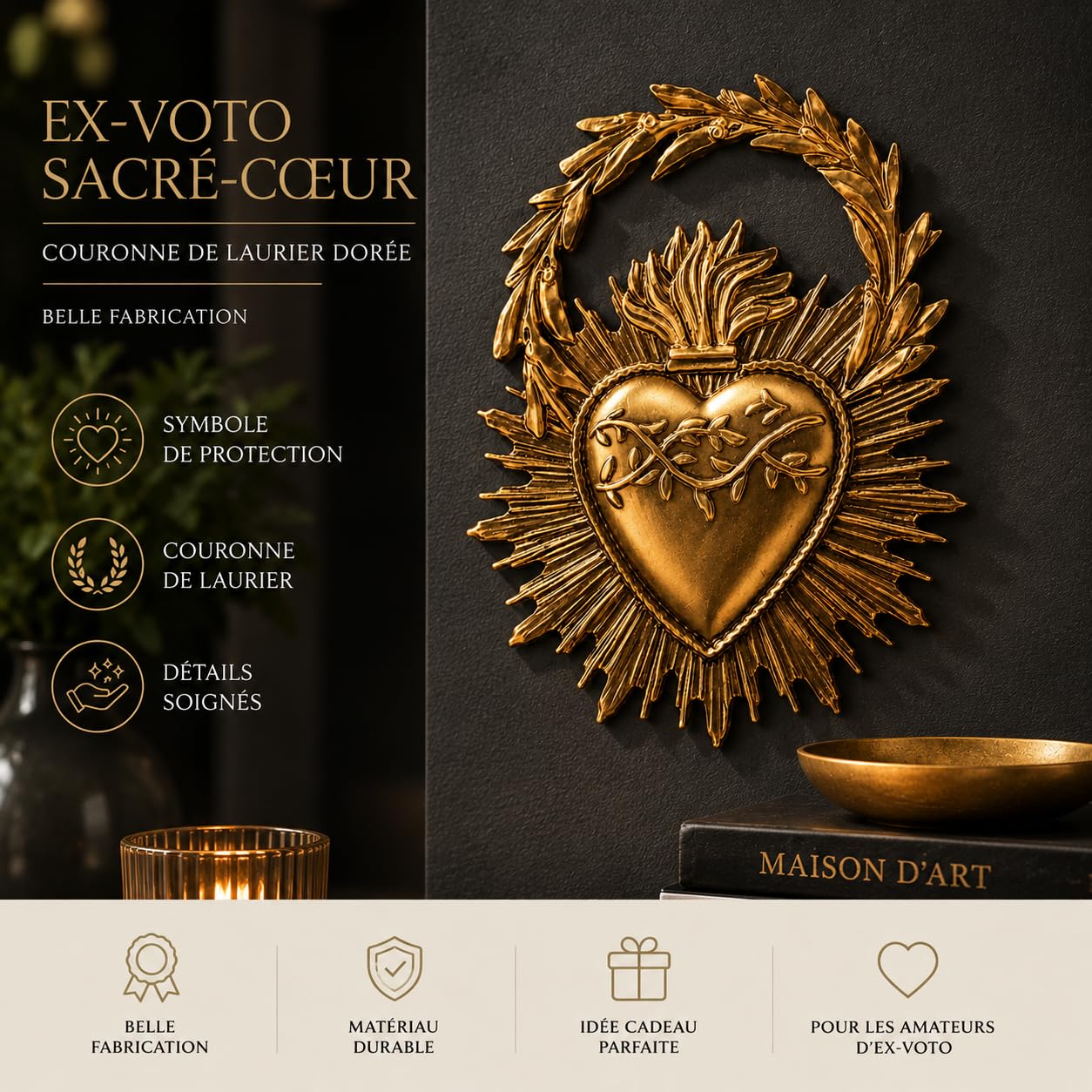 Générique Ex-Voto Sacro Cuore Decorativo, Corona di alloro dorata, bella fattura, dimensioni 11,4 cm x 8,9 cm, perfetto per collezionisti di ex voti