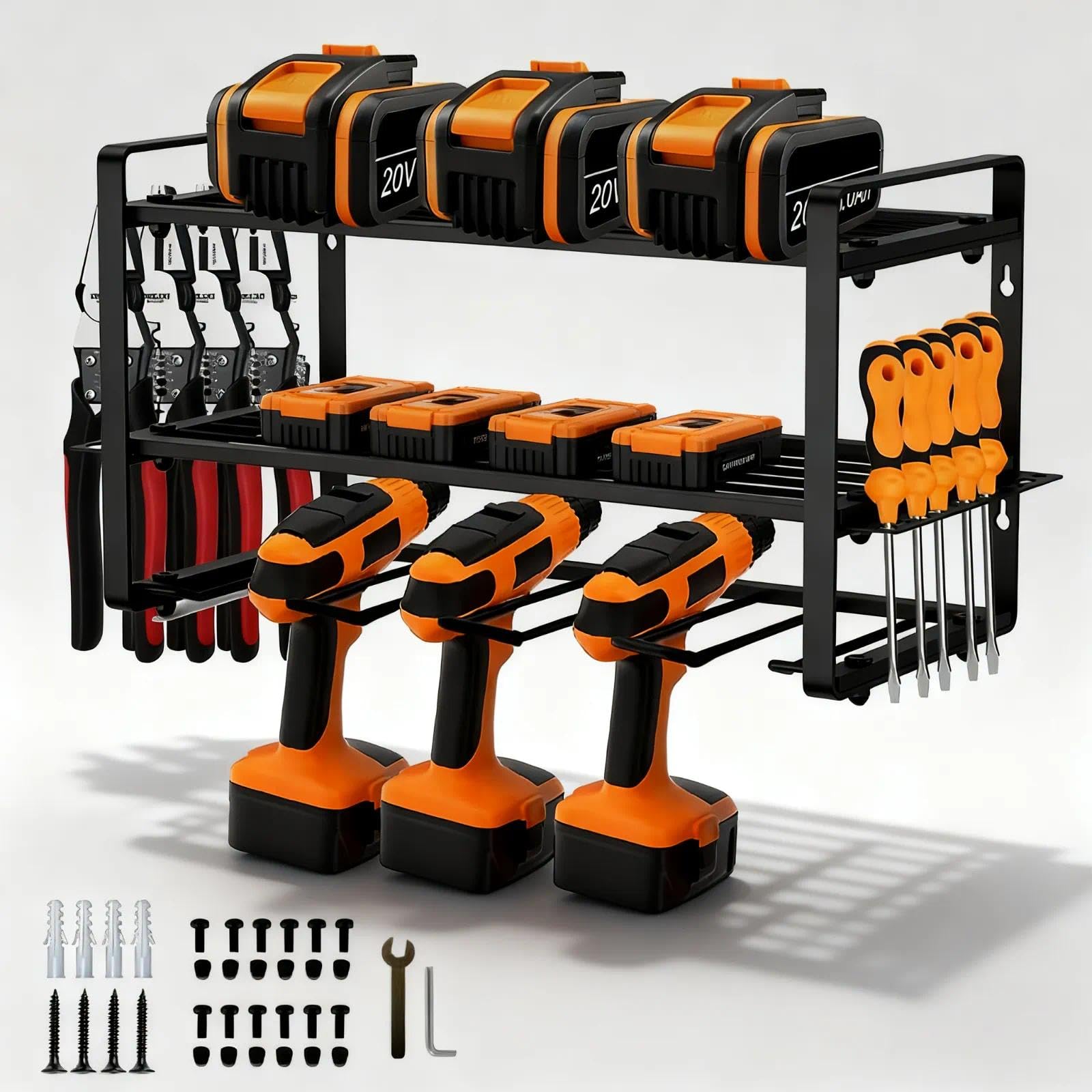 Support Mural Pour Outils, Étagère à Outils à 3 Niveaux | Support Mural Avec 4 Fentes de Suspension, Noir, pour Ranger et Organiser Les Outils