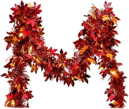 Fall Maple Leaves Glitter Tinsel Garland - 6.5 FT Glitter Tinsel Leaf Garland Autumn Decorations for Thanksgiving Mantle Bedroom Office Classroom Party Indoor Outdoor Holiday Home Decor Red