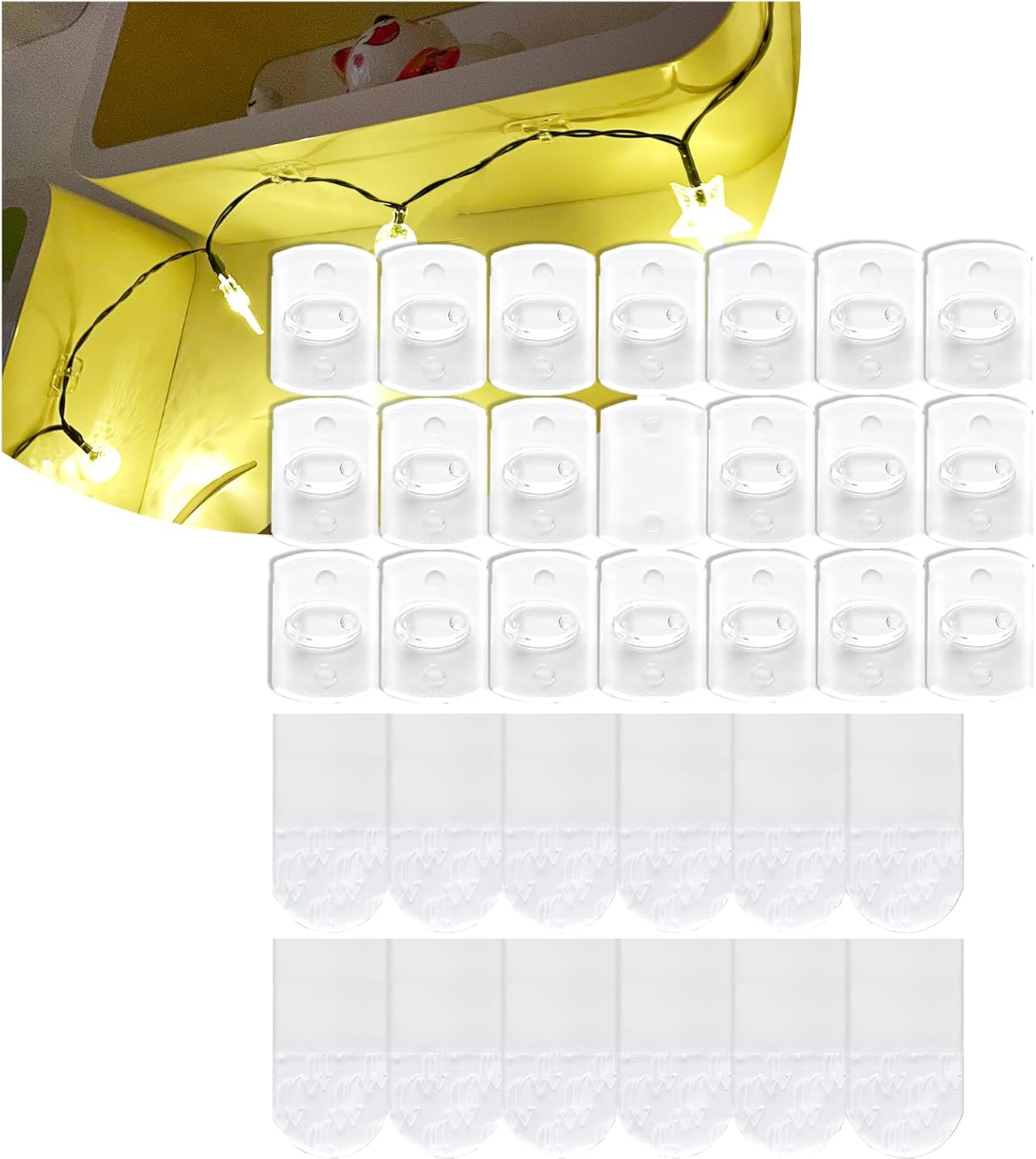 120 Clear Mini Light Clips with 132 Adhesive Strips, Small Removable Wall Hooks No Damage, Transparent Wire Hooks for Christmas String Lights, Indoor Holiday Decorations, Cables and Cords