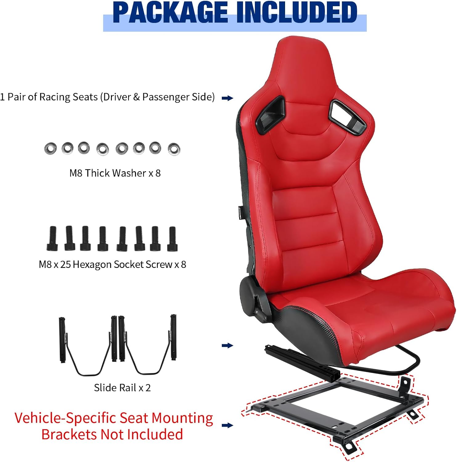 FREEMOTOR802 Racing Seats with Dual Lock Sliders, Universal For Most Cars Vehicles First Row, 1 Pair Reclinable Sport Bucket Seats, PU Carbon Fiber Look Leatherette, Red