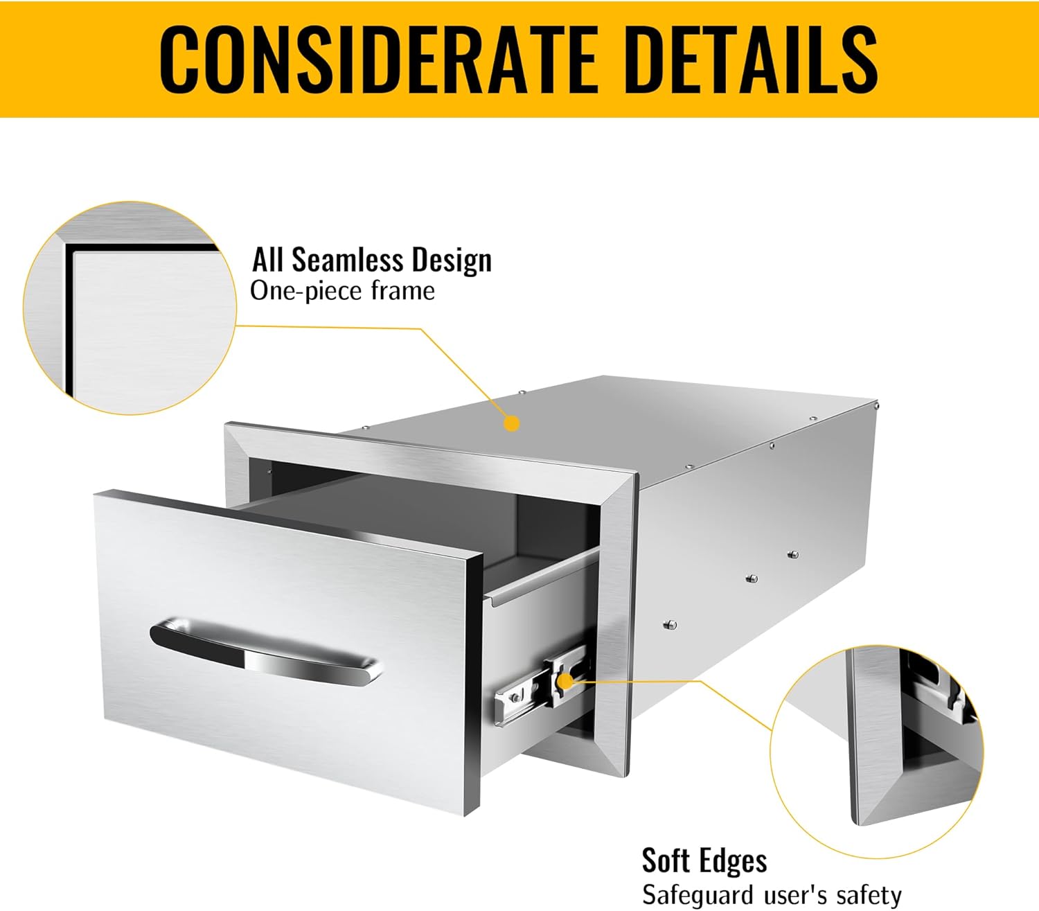 Outdoor Kitchen Drawers, 14W X 8.5H X 23D Stainless Steel Single Access Drawers with Handle for Outdoor Kitchen Island