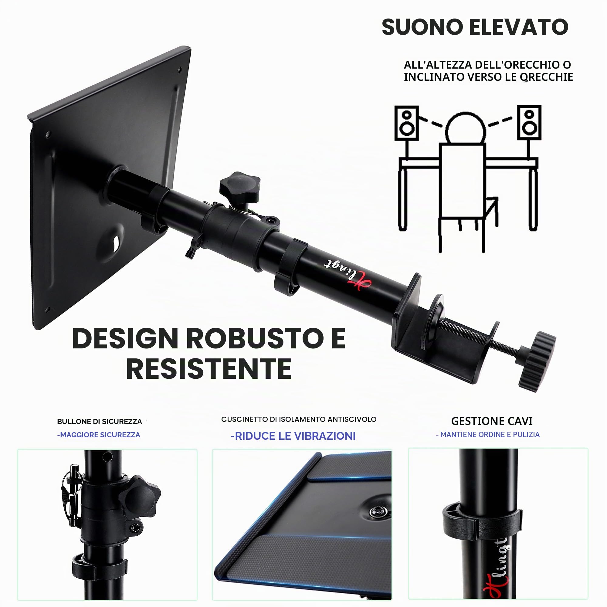 Coppia di supporti per altoparlanti da tavolo, supporto per altoparlanti monitor, vassoio in metallo da 17 x 20 cm, inclinazione da -10° a +10°, altezza regolabile, perfetto per monitor