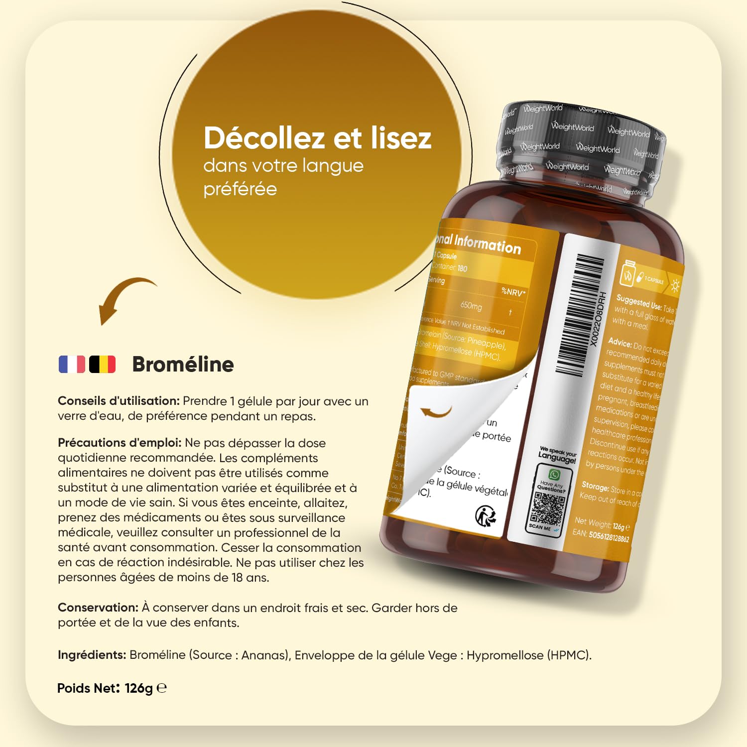 Bromelaine Gélules 650 mg (2500 UDG/g), 180 Gélules, 6 Mois d'Apport, avec Enzymes Digestives Dérivée de la Tige d'Ananas, Source de Manganèse, Cuivre, Vitamine C - Vegan & sans Stéarate de Magnésium