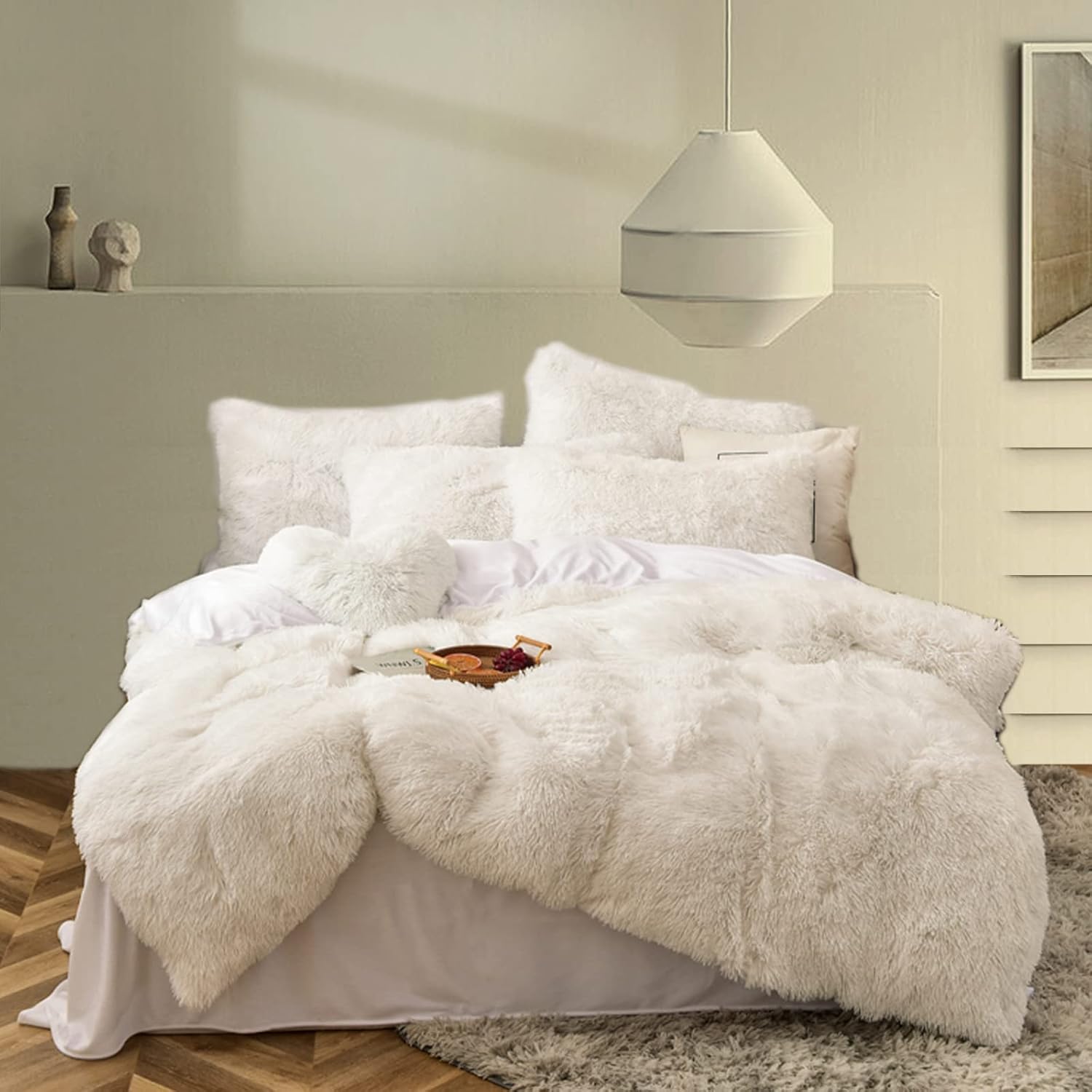 MorroMorn Luxury Shag Fluffy Comforter Cover Set, Shaggy Faux Fur Duvet Cover Sets - 5 Pcs Plush Quilt Cover Pillowcases Velvet Fitted Sheets, Fuzzy Ultra Soft for Full Queen Size Bed White