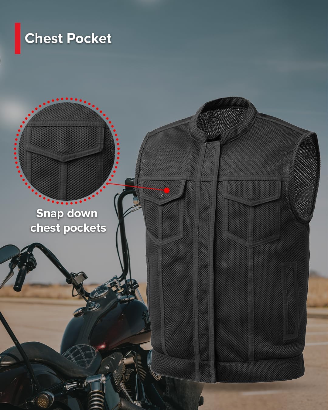 First Mfg Co Sharp Shooter Men's Motorcycle leather Vest - Classic Black Leather, Banded Collar, Covered Snaps