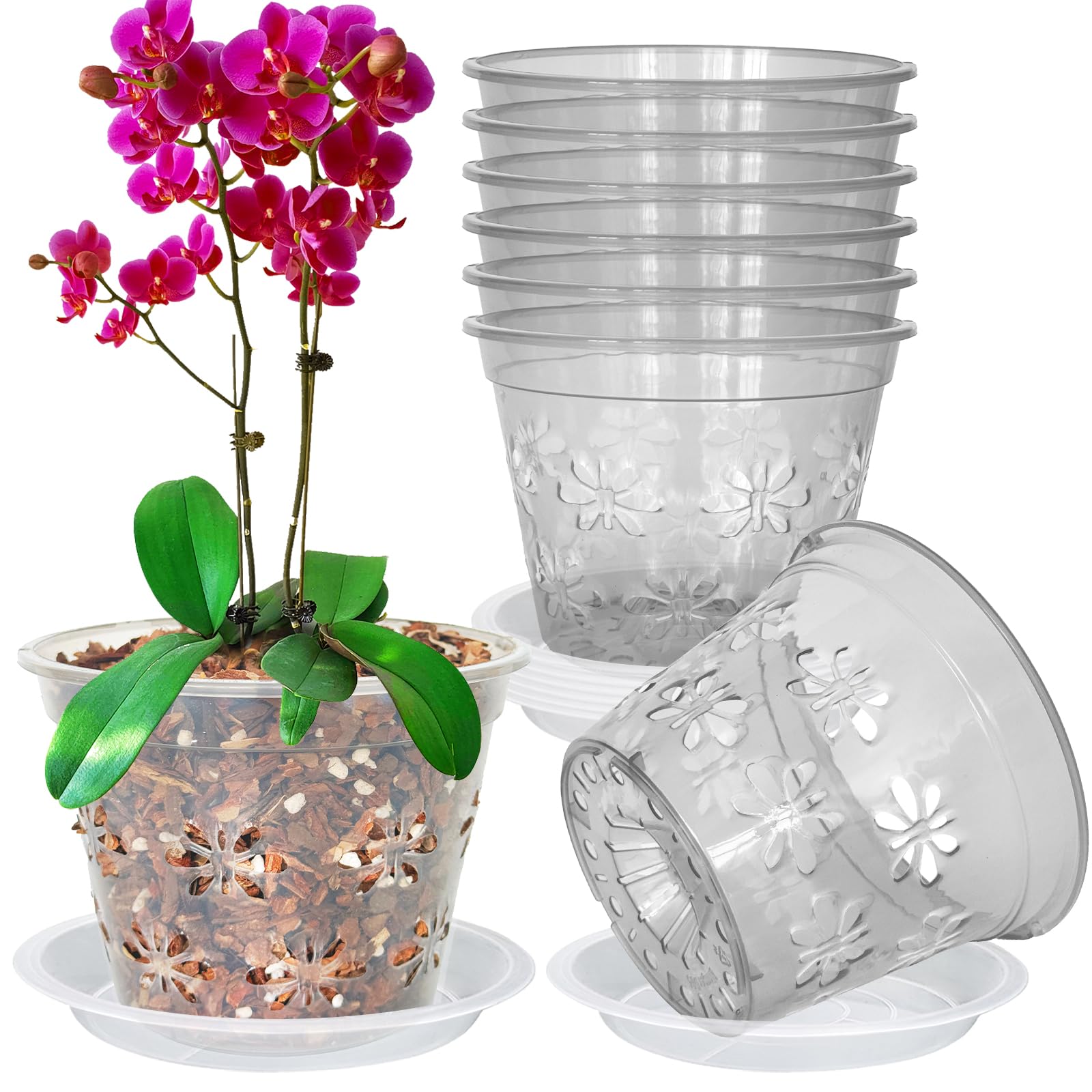Orchid Pot, 8 Pack Orchid Pots with Holes & Saucers, Clear Plastic Pot for Repotting, Breathable Ventilation Planters for Phalaenopsis, Dendrobium & Oncidium Orchids(6 inch, Grey)