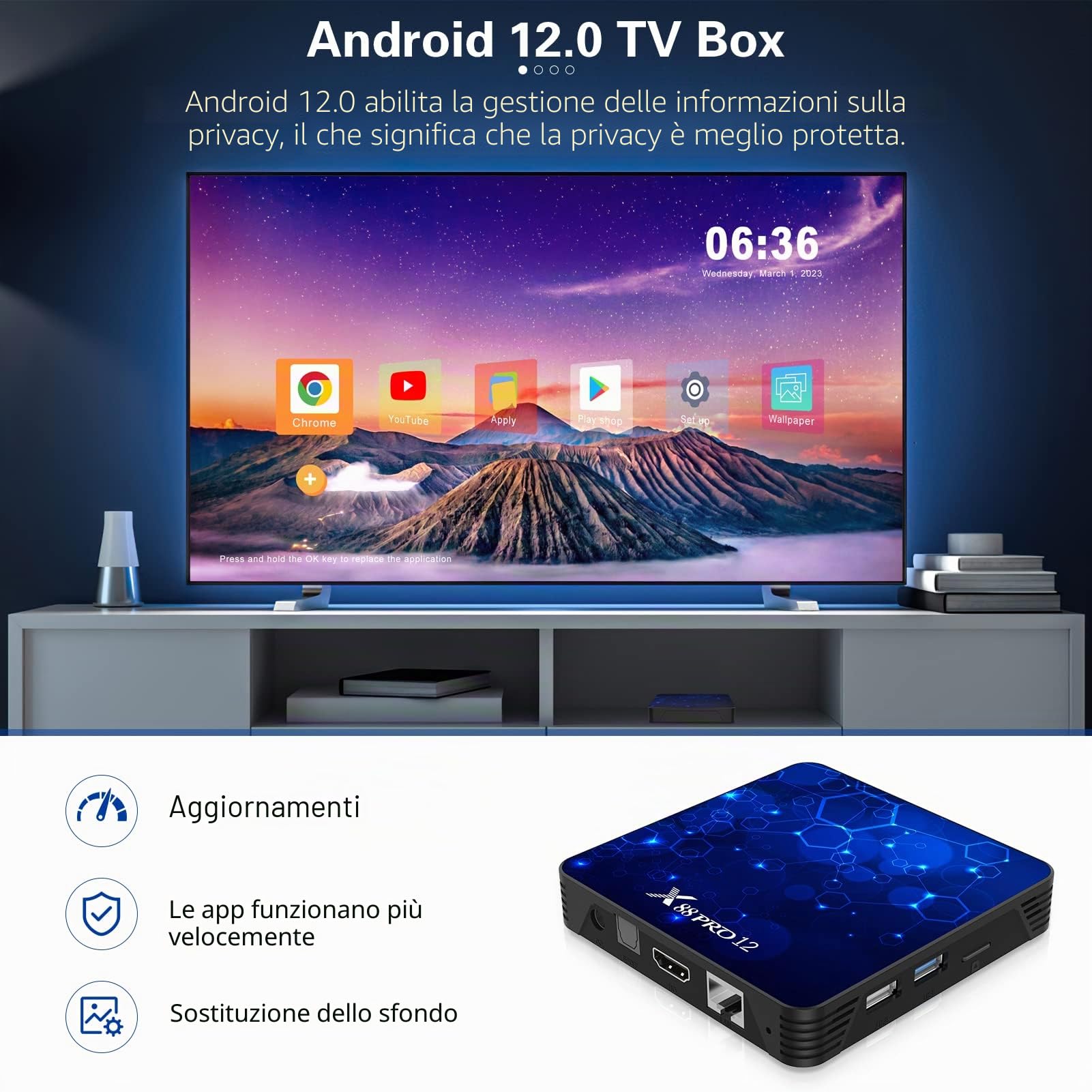 Android 12.0 TV Box, 4 GB di RAM 32 GB di ROM Android TV Box RK3318 Quad-Core 64bit Cortex-A53 Supporto 2.4G/5G WiFi 6 Bluetooth 5.0 Risoluzione UHD 4K/3D Porta USB 3.0