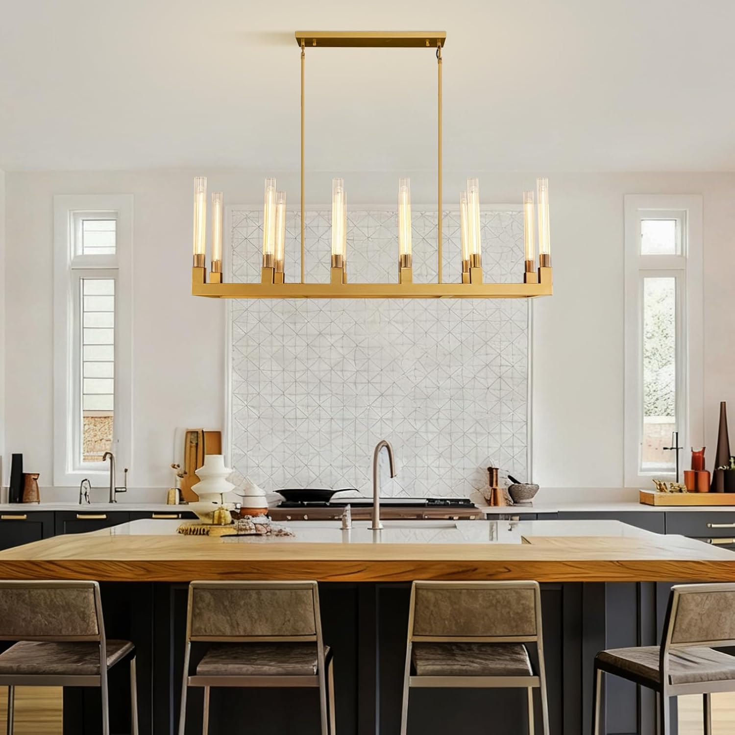 14-Lights Rectangle Chandelier with Glass Tube 55''Gold Rectangular Dining Room Chandelier Over Table Modern Large Linear Chandeliers for Kitchen Island,Living Room,Foyer