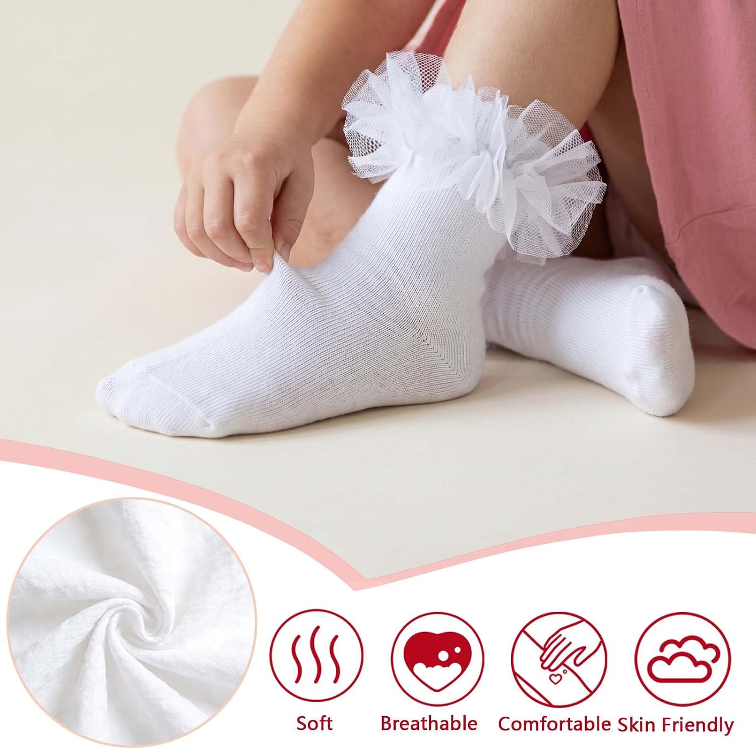 4 Pairs Extra Fluffy Ruffles Socks, Girls Frilly Lace Ankle Socks | 3M-8Years,Breathable,girls frilly socks, flower girl, pageant,daily,school uniform