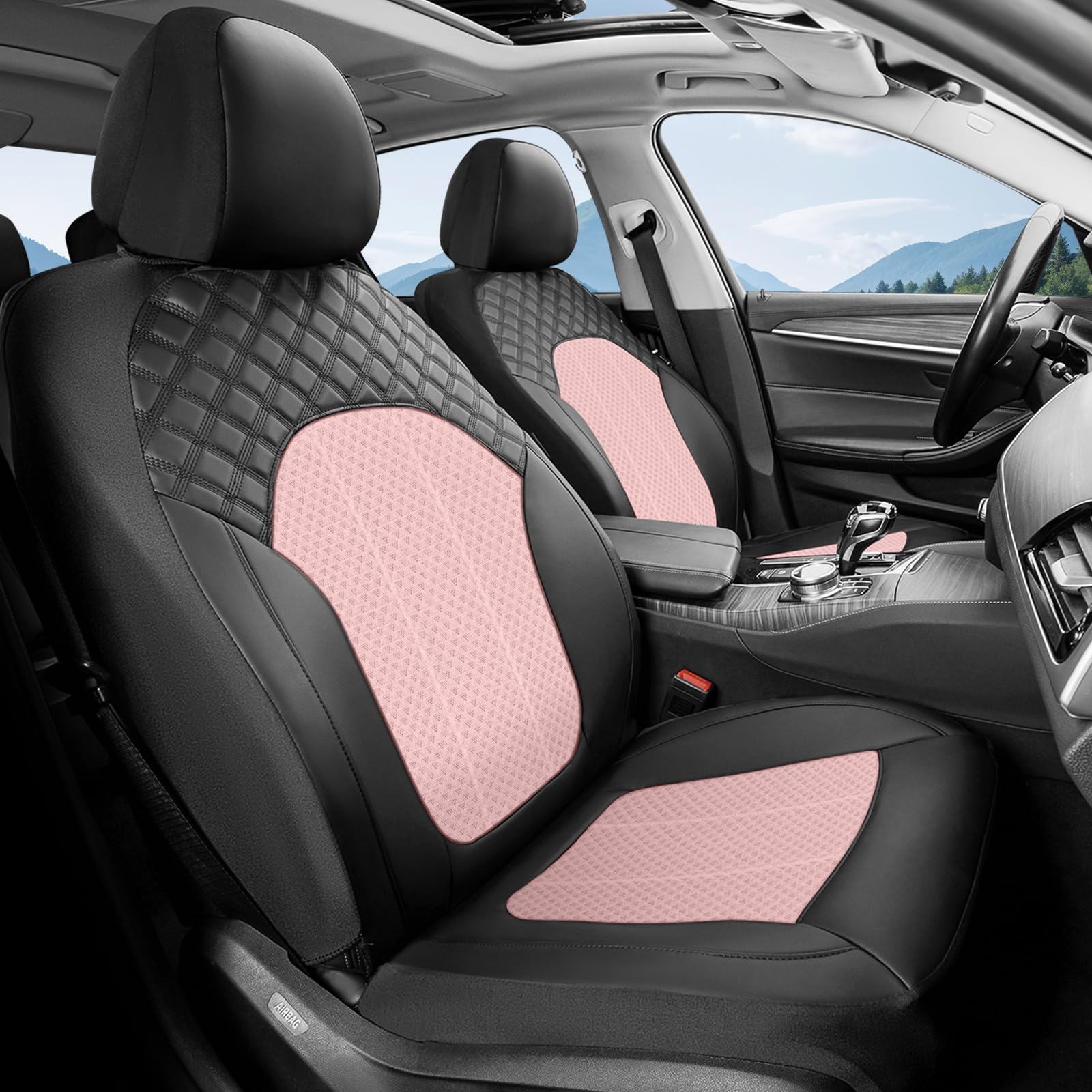 FLORICH Juego Completo Asientos de Coche, Fundas de Cuero Sintético con Malla Transpirable, Fundas Universales aptas para la Mayoría de Turismos, SUV y Camiones (Juego Completo, Negro&Rosa)