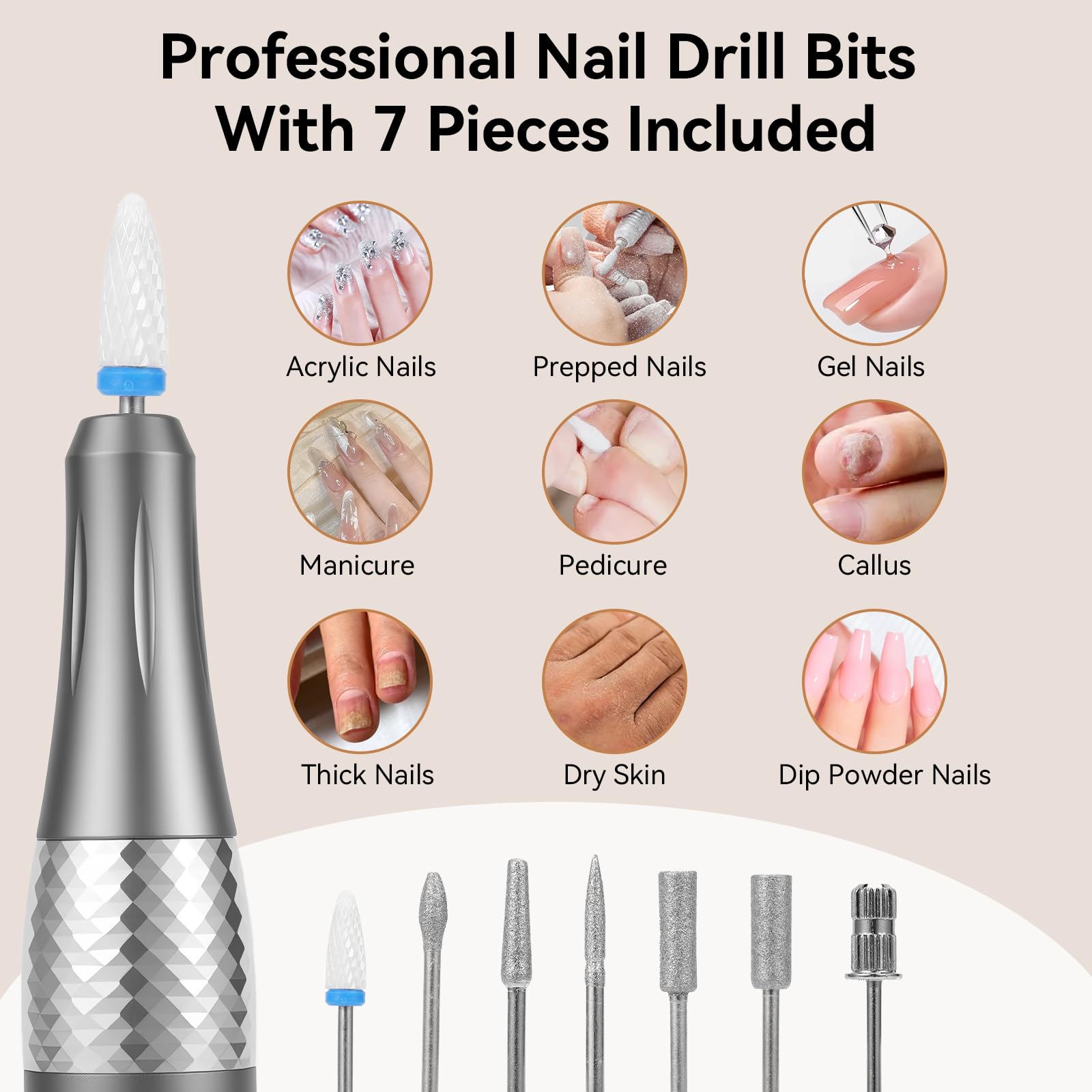 Torno para Uñas Profesional 45000RPM Lima Eléctrica con Pantalla LCD, Velocidad Ajustable Set Manicura y Pedicura con 12 Brocas y 50 Bandas para Uñas Acrílicas Gel Uso Doméstico Salones