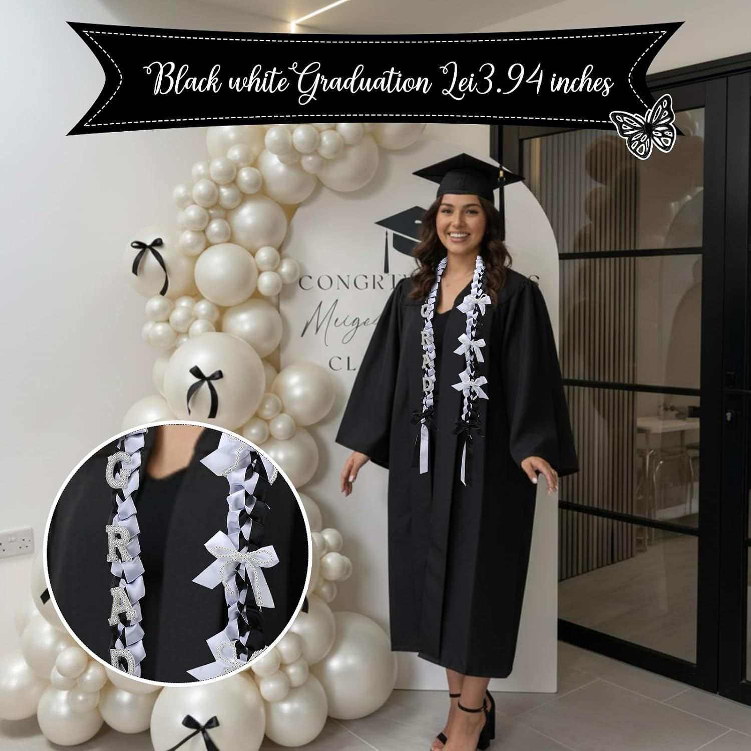 Jutom 48" Graduation Leis 2026 Ivory Pink Bow Pearl Butterfly Philippines Graduation Ribbon Lei DIY Class of 2026 Gift for Women Men Grad Party