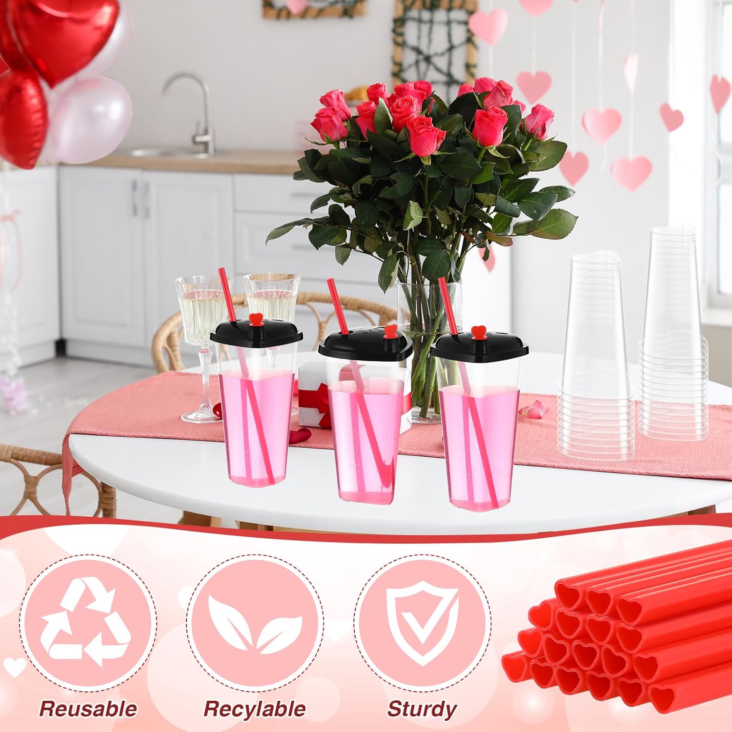 Potchen 60 Sets Heart Shaped Plastic Cups with Straws 16 oz Disposable Cups with Lid and Straws for Valentines Birthday Wedding Anniversary Party Supplies (Red and Black)