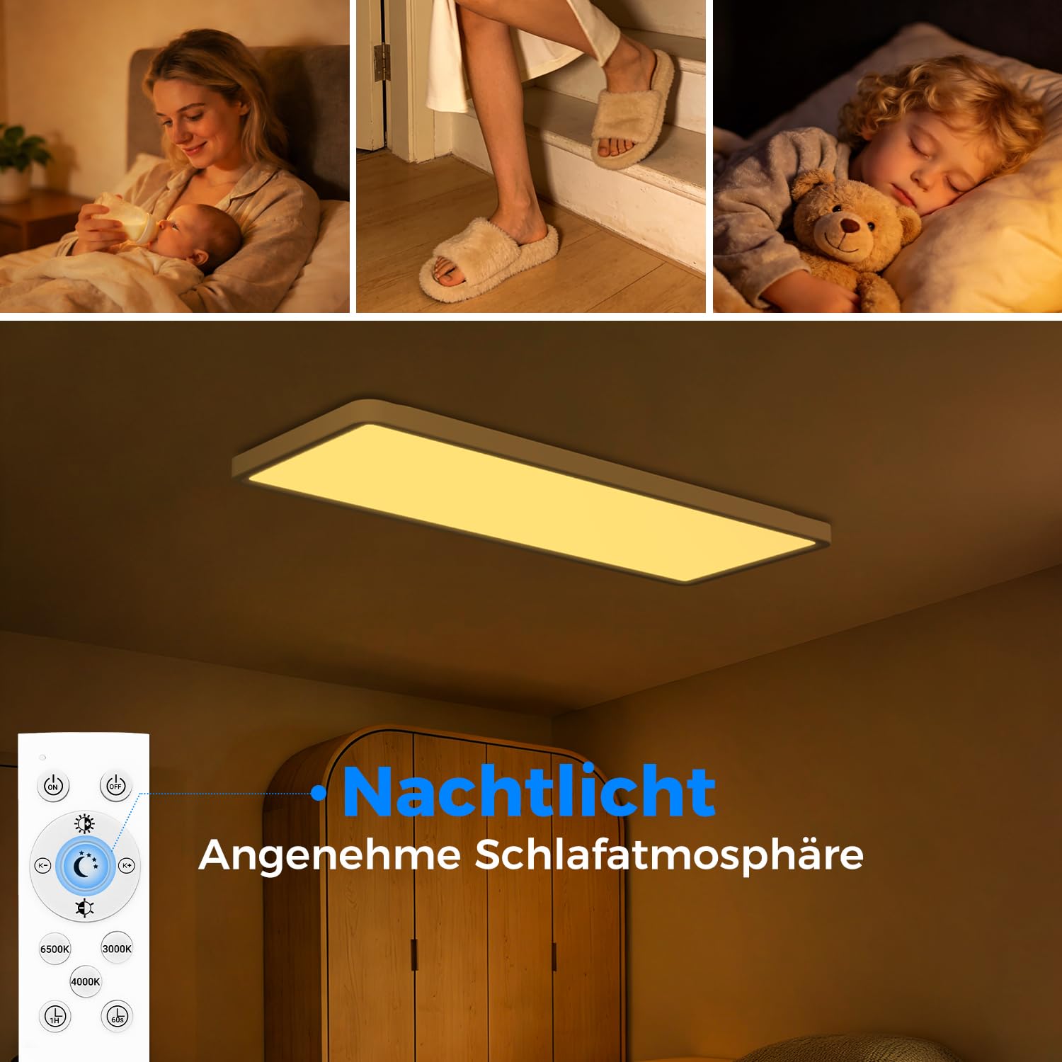 Peasur LED Deckenleuchte Flach 58x20cm 3500LM, Deckenlampe Dimmbar mit Fernbedienung 3000K-6500K, IP44 Küche Deckenleuchte Rechteckig LED Panel für Wohnzimmer Schlafzimmer Badezimmer Büro