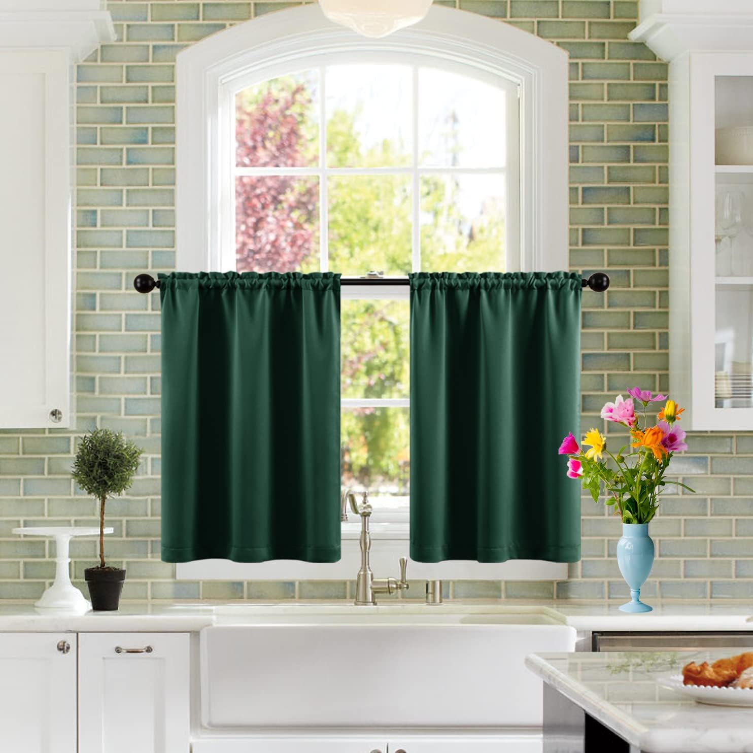 XTMYI Dark Green Curtains for Bathroom Window,Short Blackout Waterproof Christmas Kitchen Window Curtains 36 Inch Length,Emerald Hunter Green