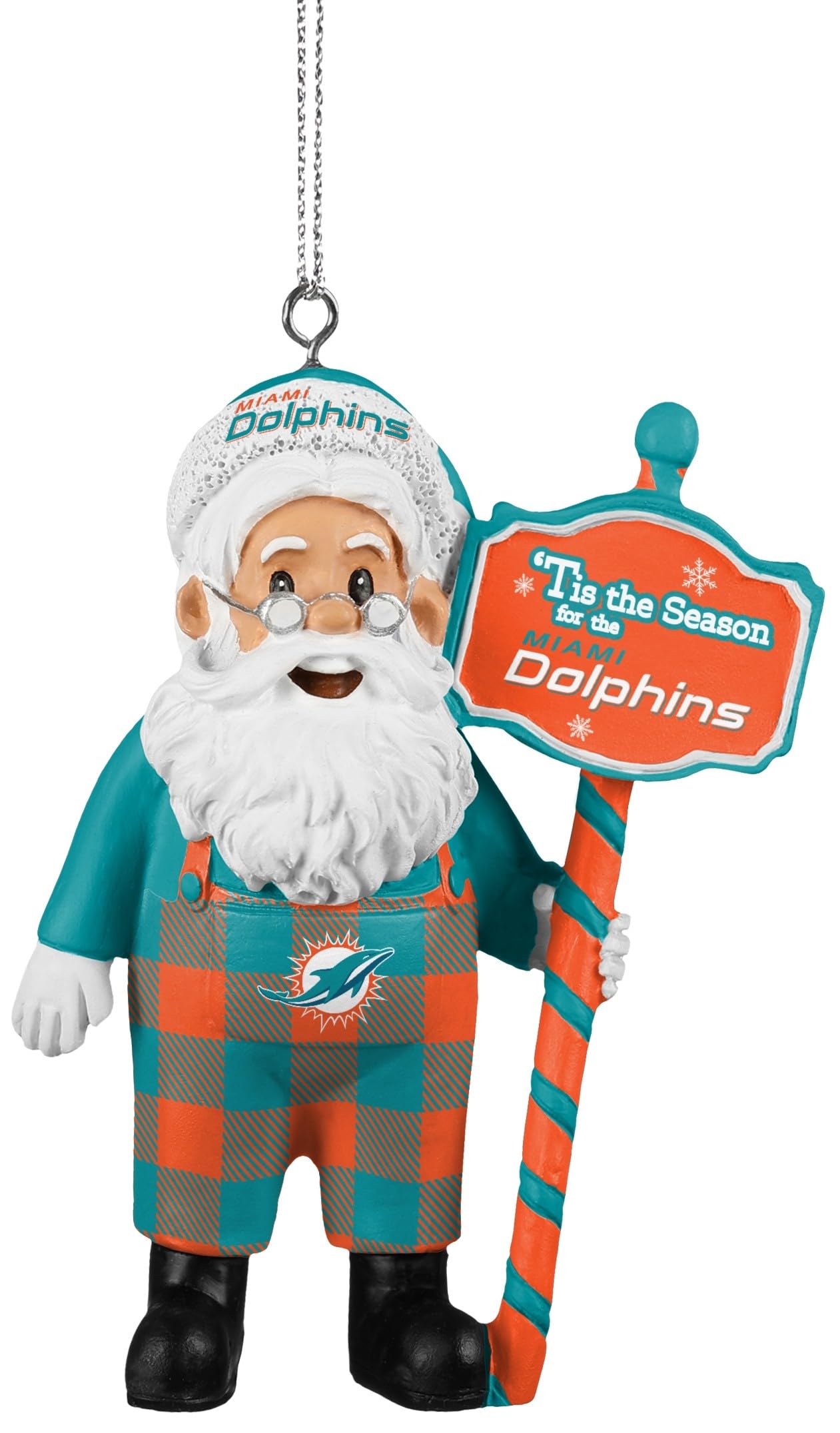 Foco Multi Color Miami Dolphins Santa Wearing Overalls Holiday Ornament