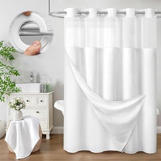 No Hook Shower Curtain and Liner Set,White Hotel Waffle Shower Curtain with Liner 75" L x 72" W