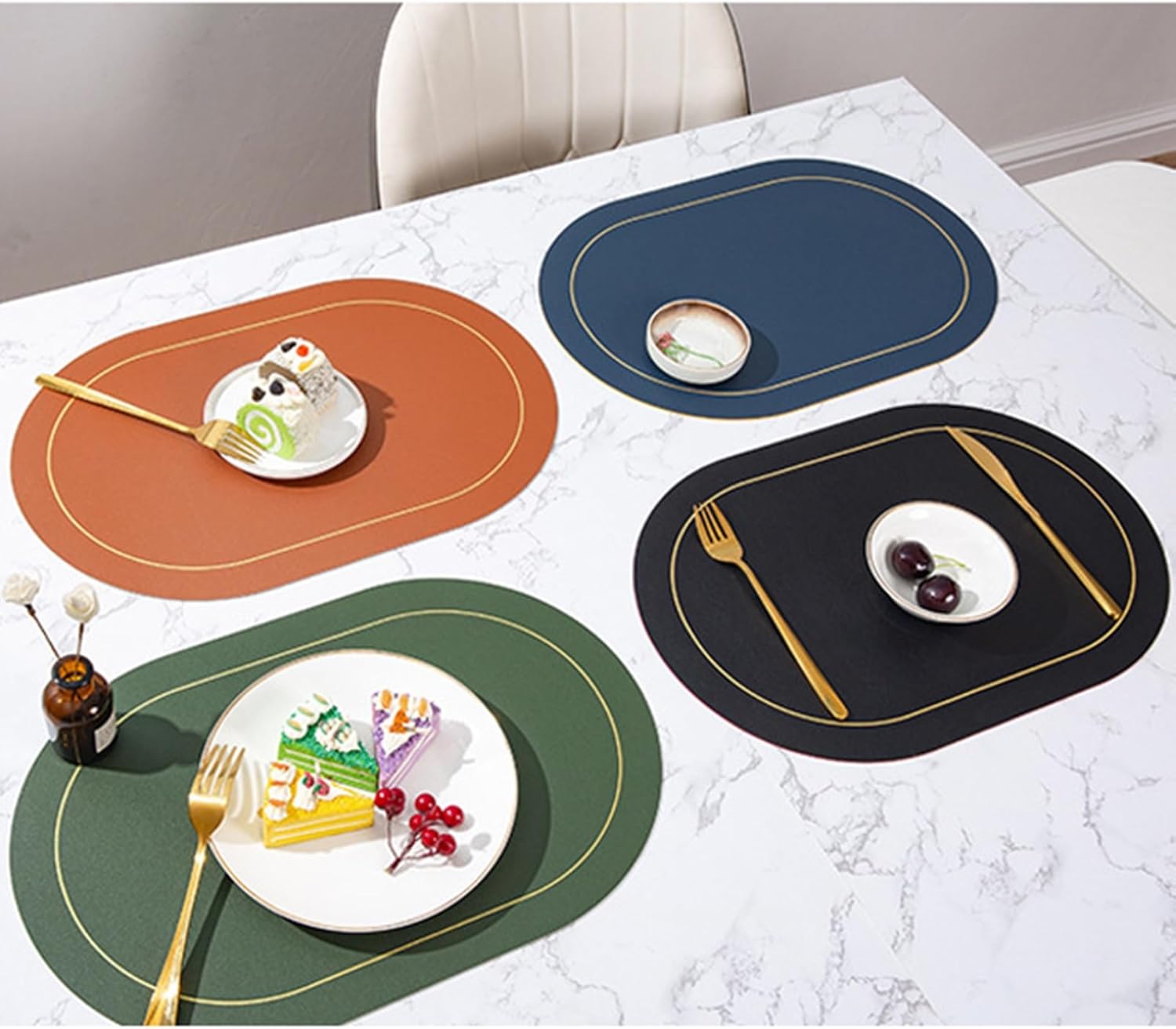 Oval Table Mats Set of 6, Leather Place Mats Heat Resistant Non-Slip Washable Reversible Bicolor Blue Yellow Placemats for Home Party Wedding Restaurant, 18x11.8 Inches