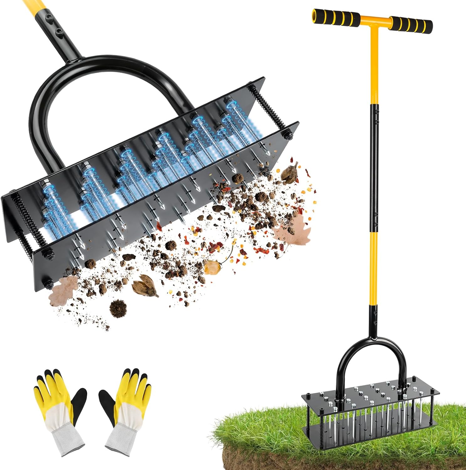 Lawn Aerator Tool with 24 Steel Spikes, Grass Aerator Lawn Tools with Spring-Loaded Design & Adjustable T-Handle, Pre-Assembled Hand Aerator Lawn Tool for Lawn, Courtyard and Garden