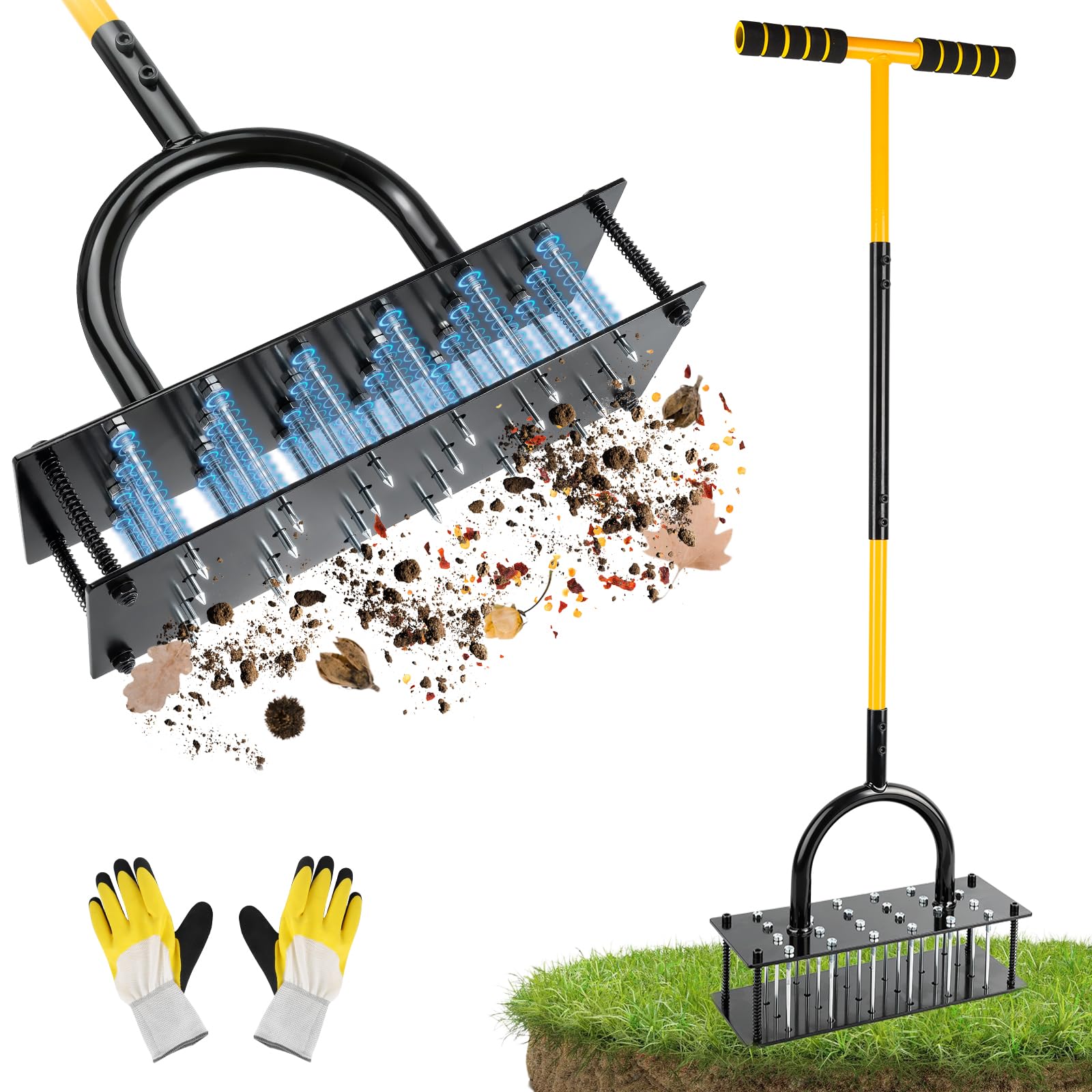 Enlarged Lawn Aerator Tool with 24 Steel Spikes, Grass Aerator Lawn Tools with Spring-Loaded Design & Adjustable T-Handle, Pre-Assembled Hand Aerator Lawn Tool for Lawn, Courtyard and Garden