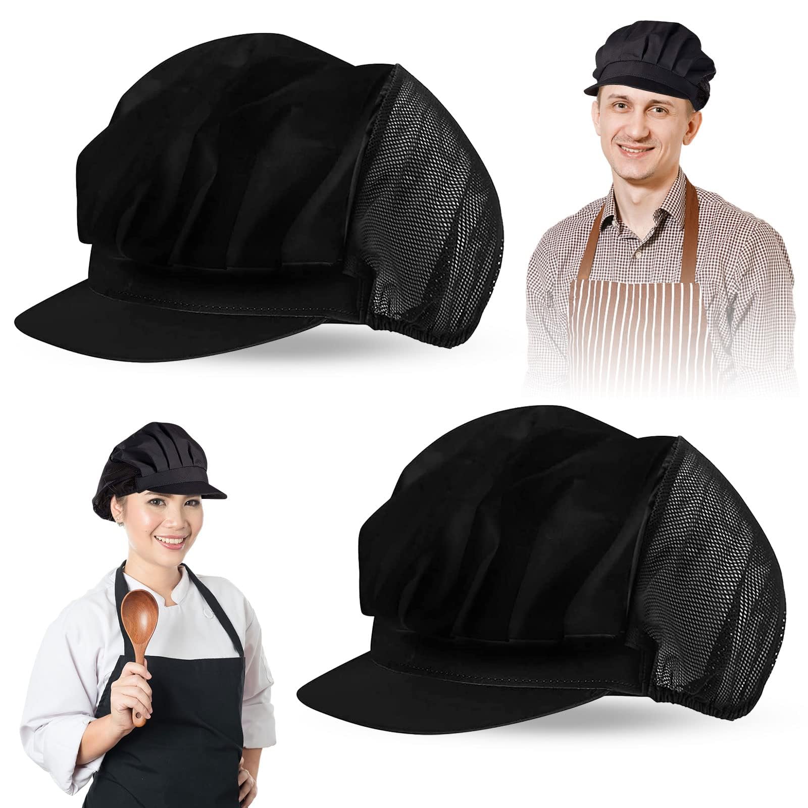 Hi.FANCYHair Nets for Food Service Workers with Brim, 2PCS Elastic Chef Hats for Women & Men Kitchen, Chefs Hat Hairnets for Foodservice, Adjustable, Black