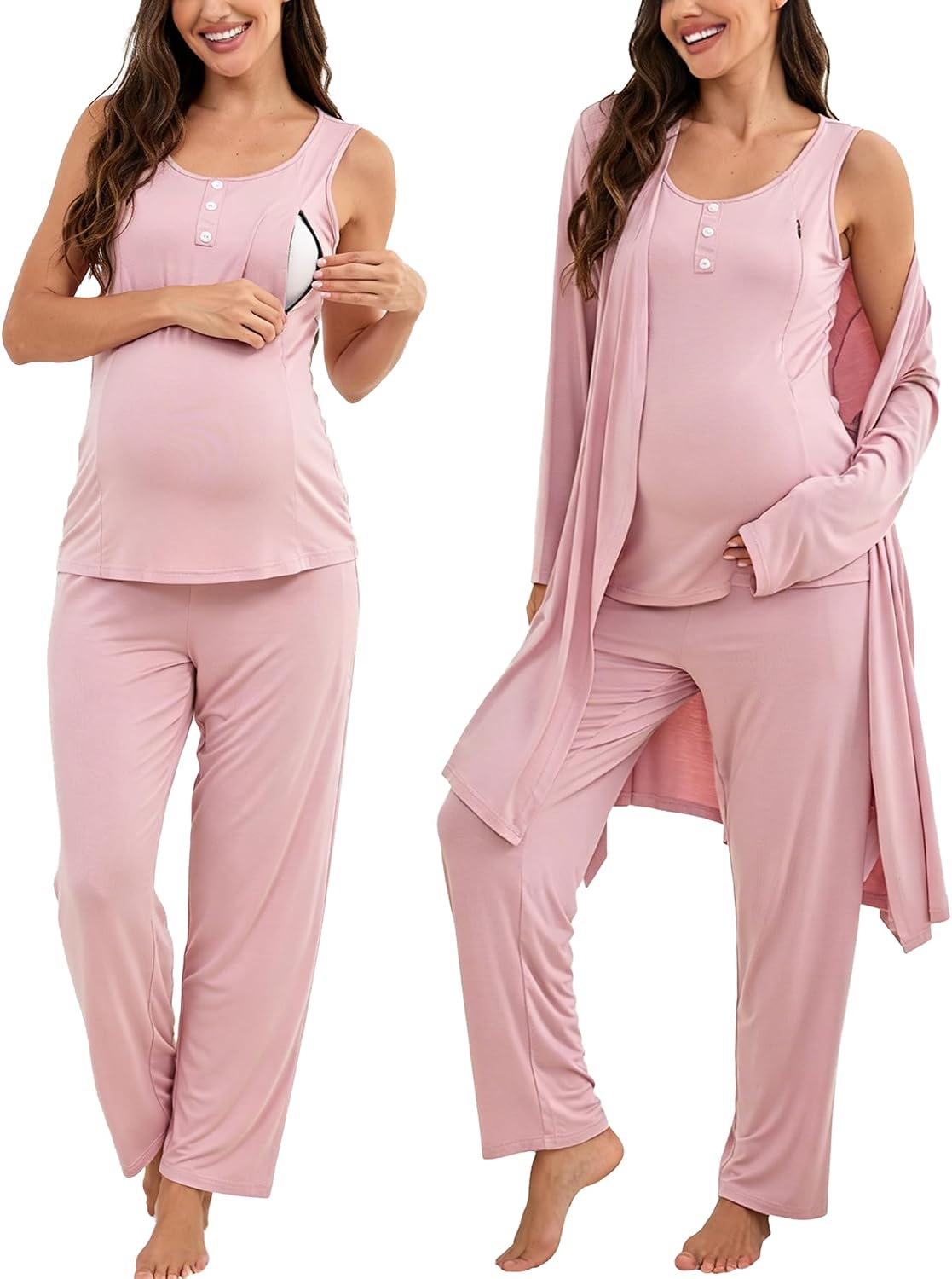 SWOMOG Maternity Nursing Robe Set 3 Piece Women Postpartum Pajamas Breastfeeding 3 in 1 Labor Delivery Zipper Pregnancy Pjs